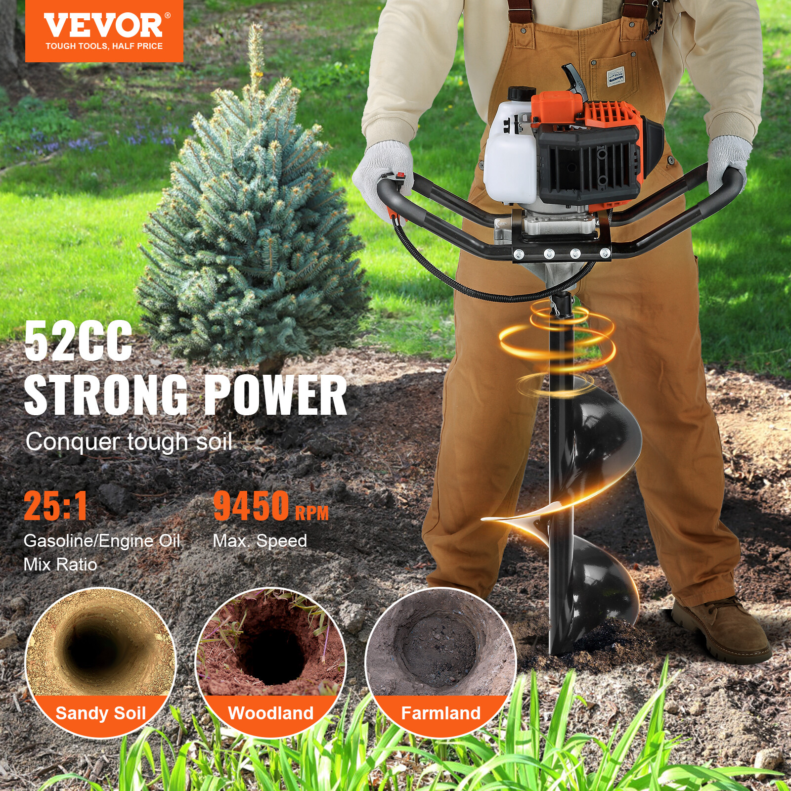 VEVOR 52cc Gas Powered Post Hole Digger with 6 in & 10 in Augers