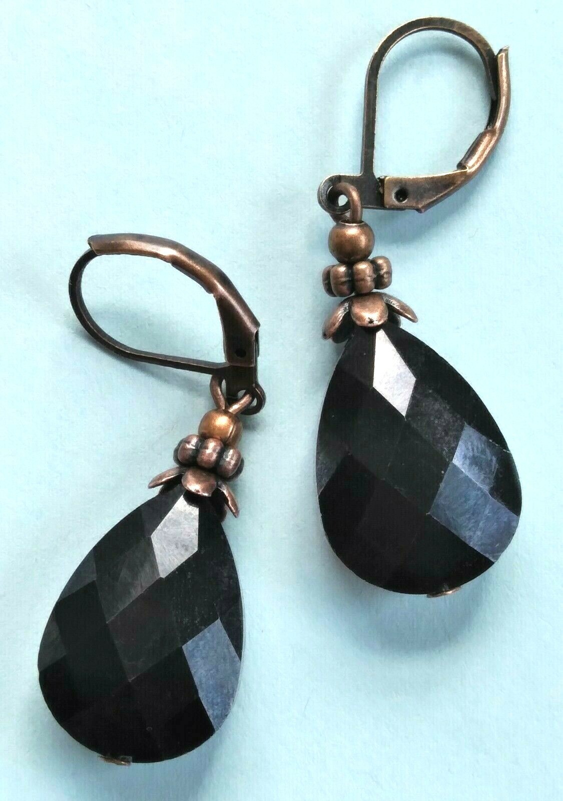 colorized BURGUNDY BLACK pear drop crystal earring COPPER LEVERBACK handmade XX