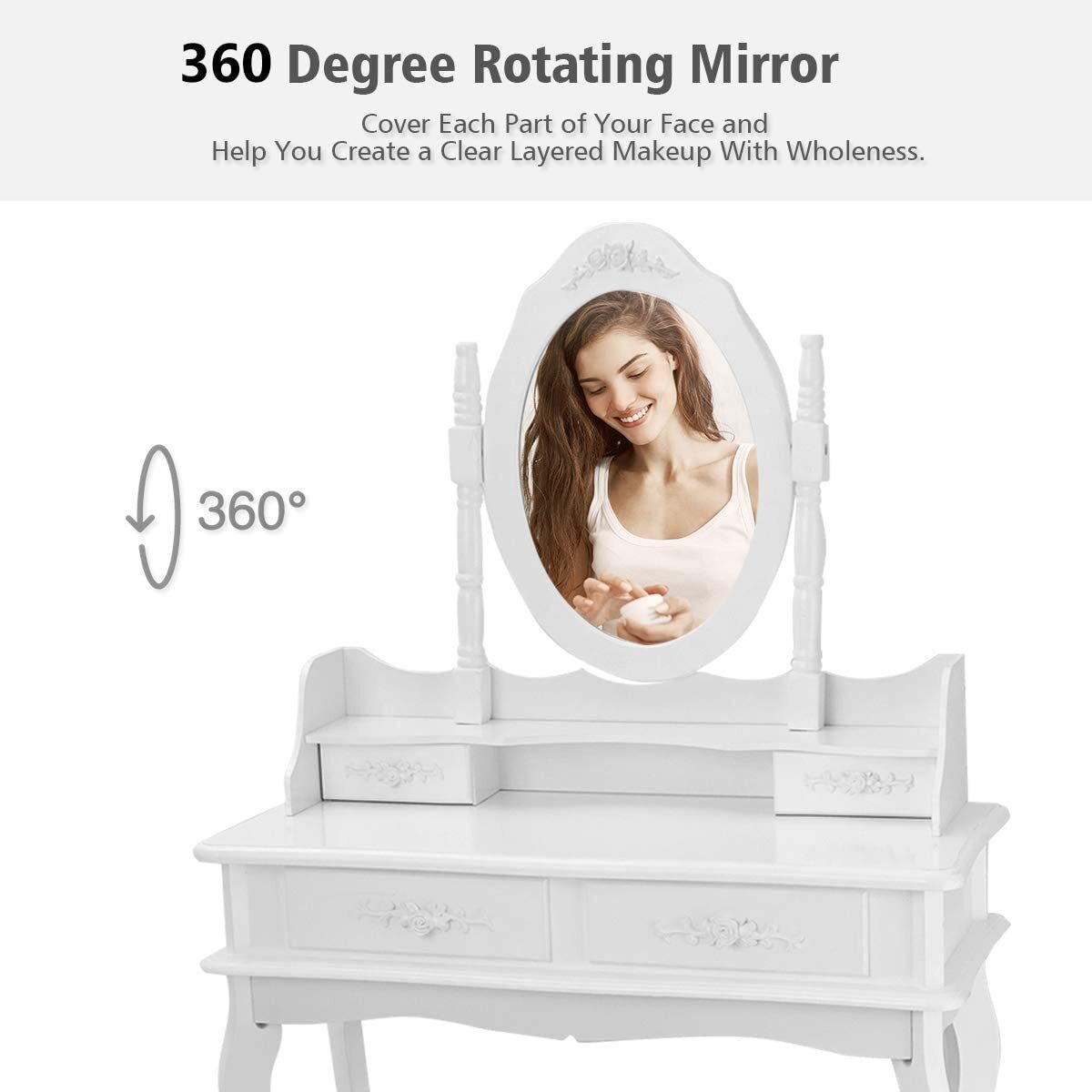 Vanity Makeup Dressing Table Stool Set w/4 Drawers& Mirrors Wood Desk White