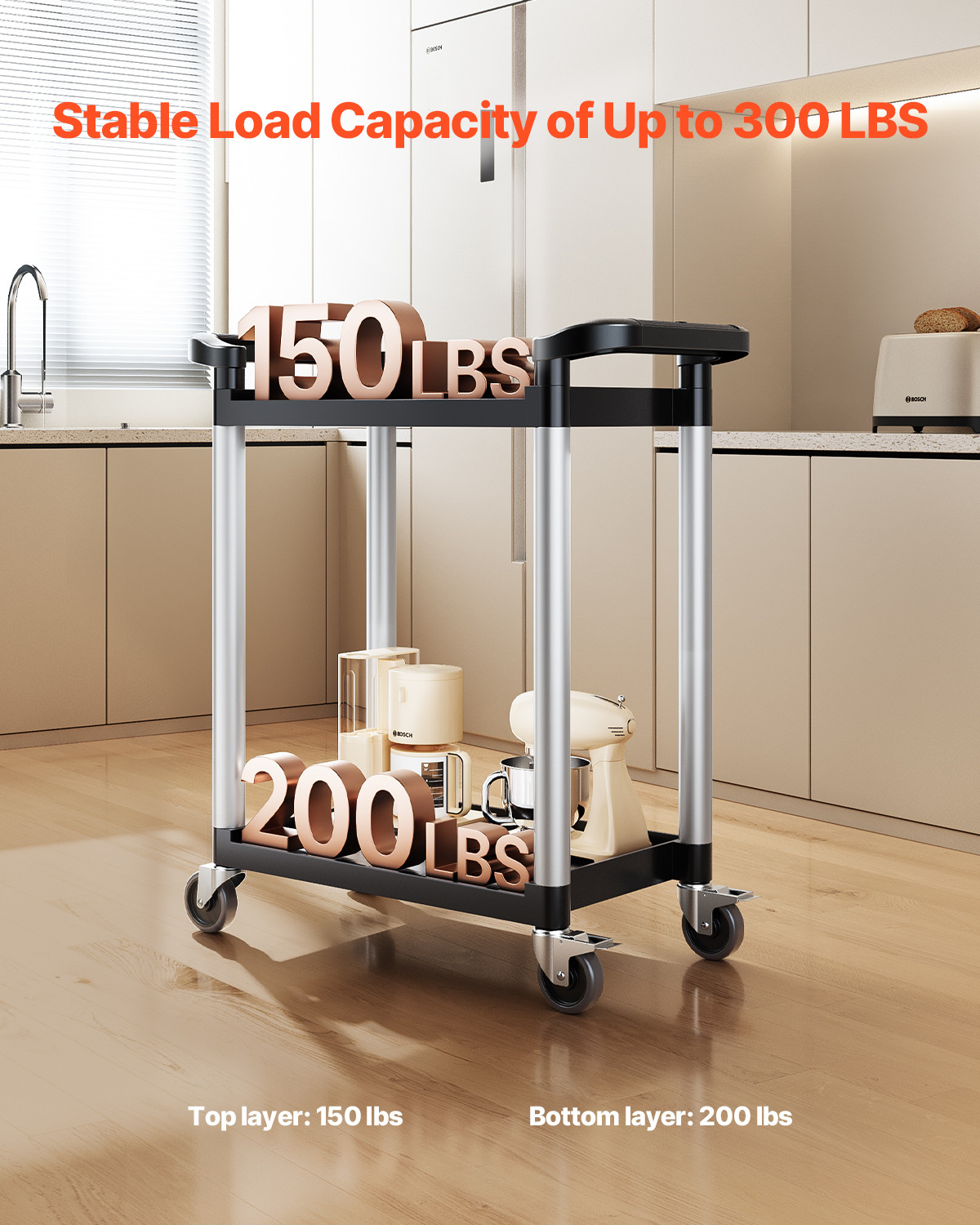 VEVOR Heavy Duty Utility Cart 300 lbs Capacity 2-tier Service Cart with Wheels