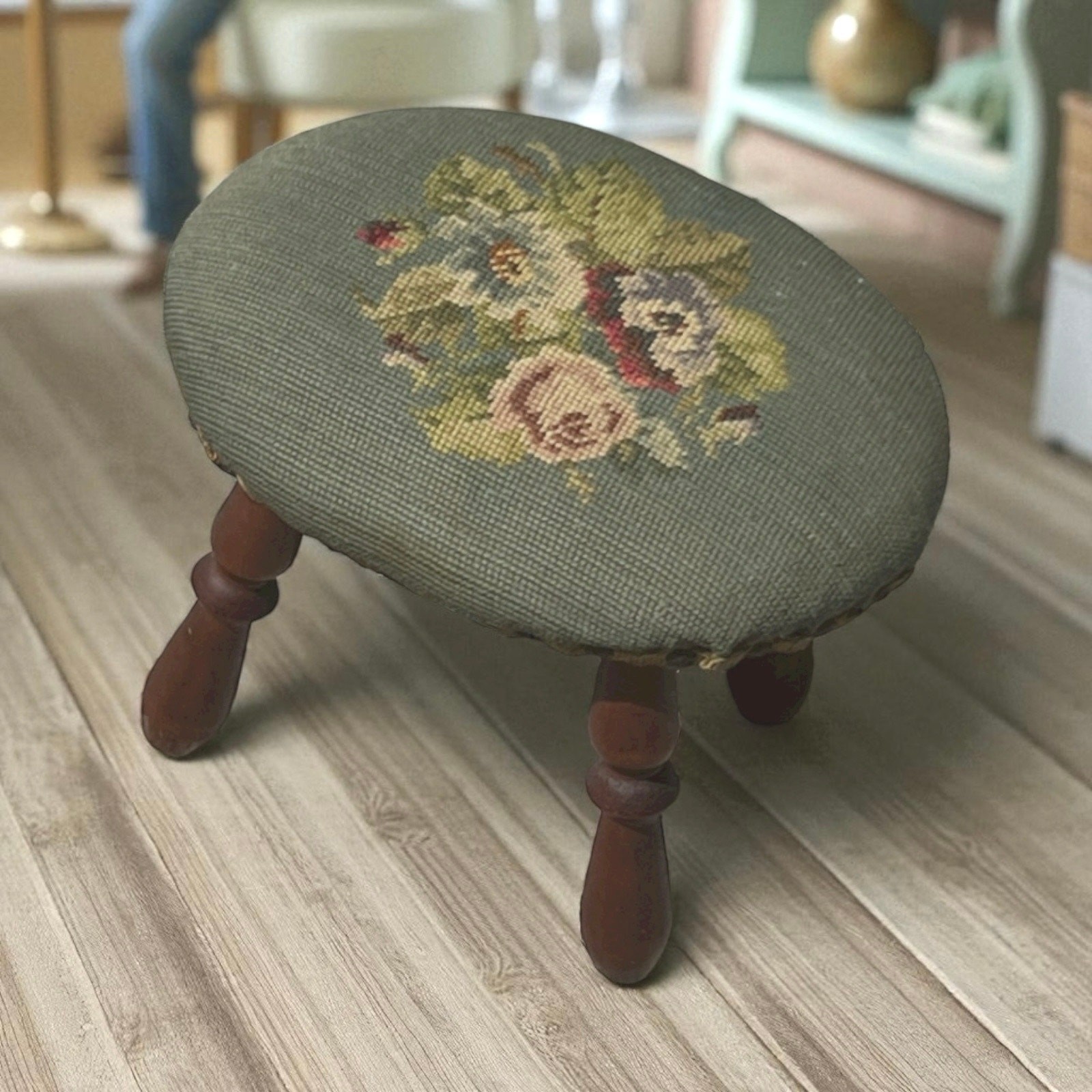 Vintage Needlepoint Footstool  Floral Embroidery Wood Legs Oval Small Stool Read