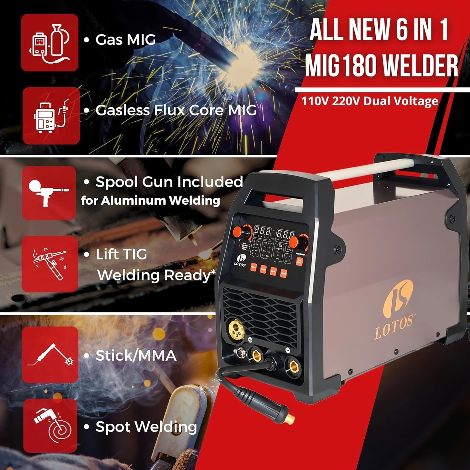 LOTOS MIG180SP MIG Welder with Aluminum Spool Gun, 225A 110/220V, 6 in 1 Gas MIG