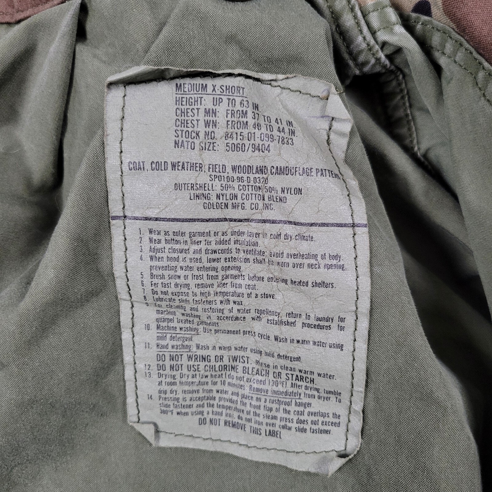 US Army M65 Field Jacket Coat Mens Medium Extra Short Woodland Camo 90s USGI