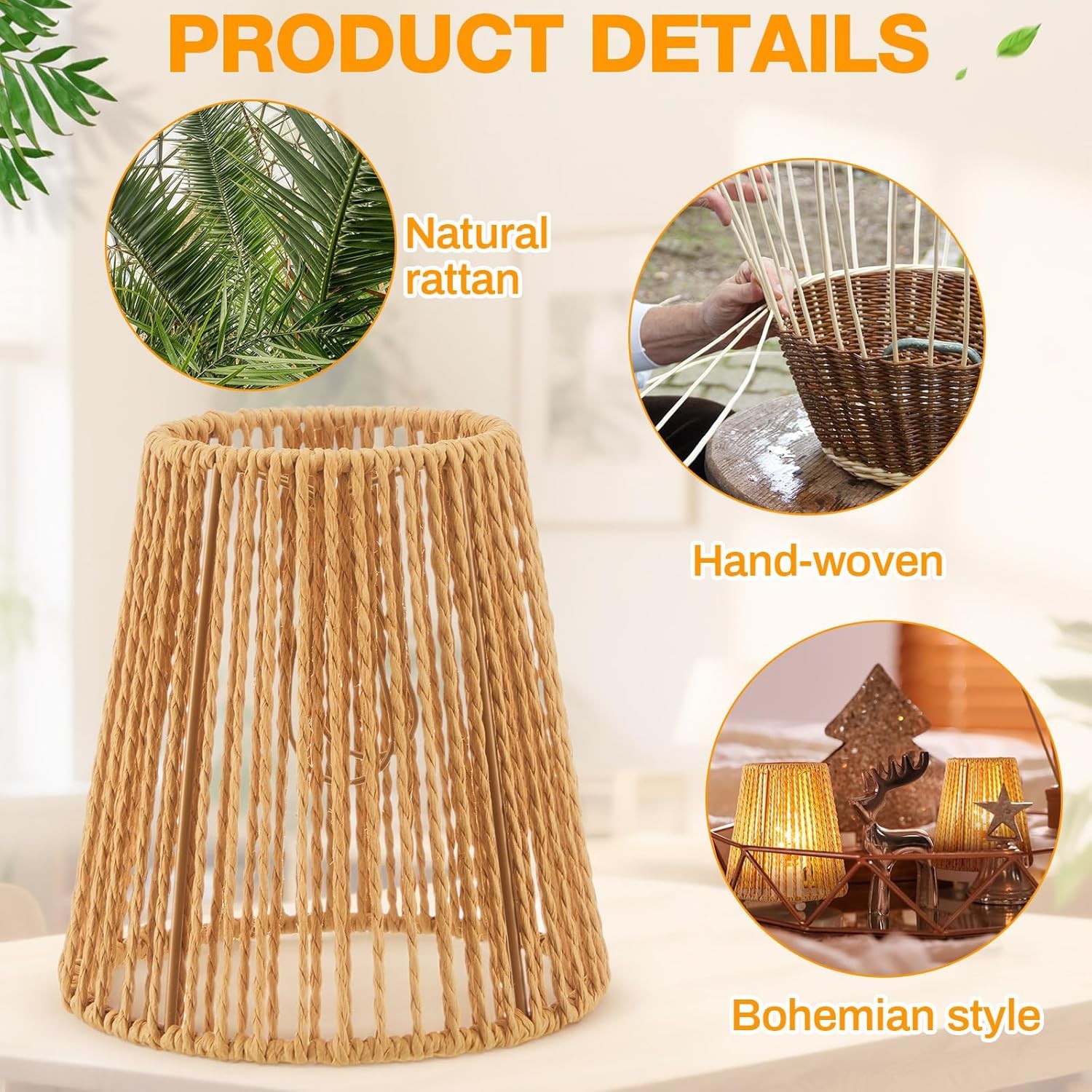 5.7 x 5.5in Chandelier Shades Set of 6, Small Rattan Lamp Shades Clip on Bulb