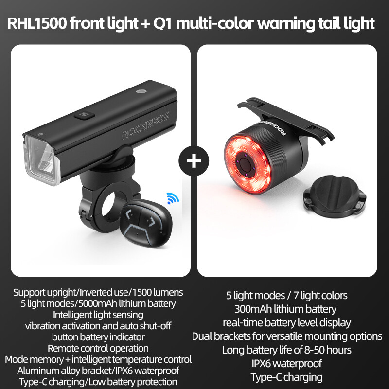 ROCKBROS Bicycle Light Sets MTB Bike Front Rear Lamp USB-C LED Headlight 1500LM
