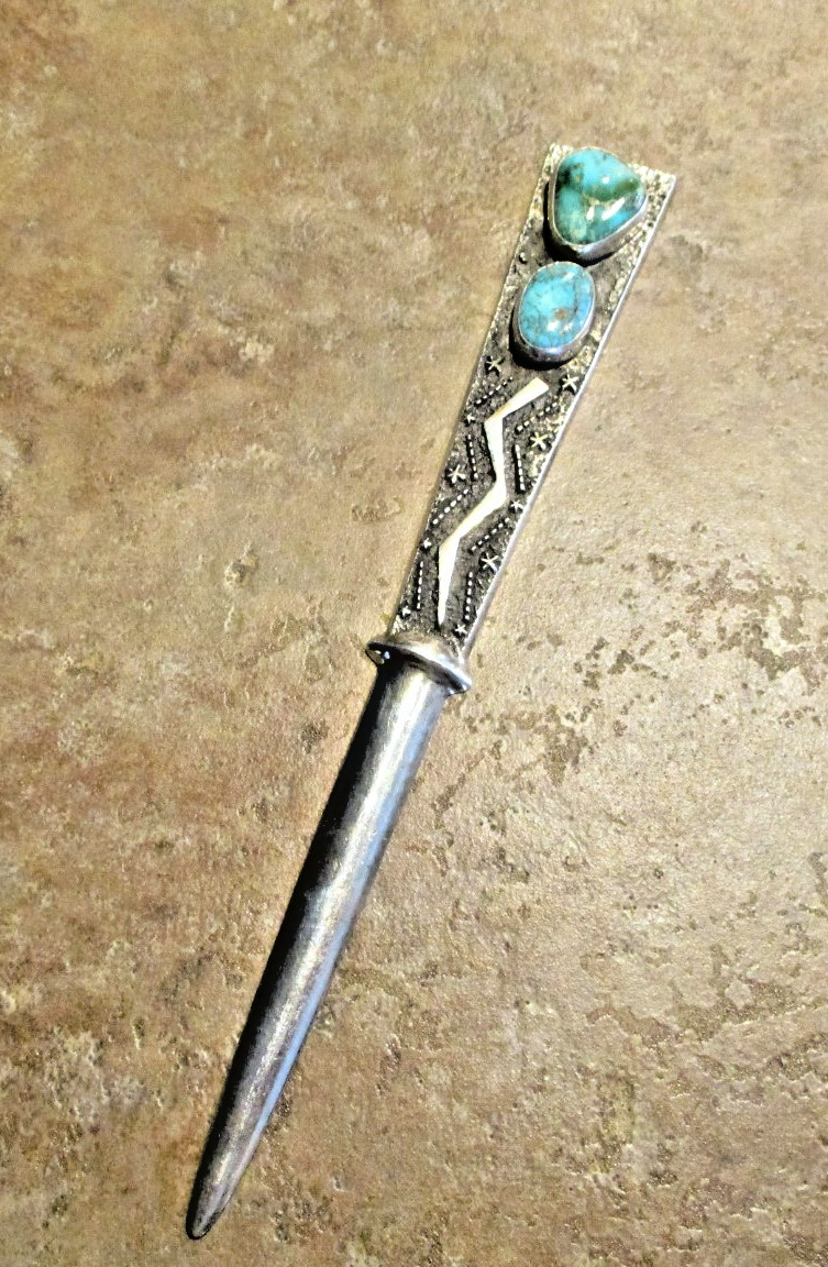 7" TOP SHELF !!!  Vintage Navajo Sterling Turquoise Sandcast LETTER OPENER