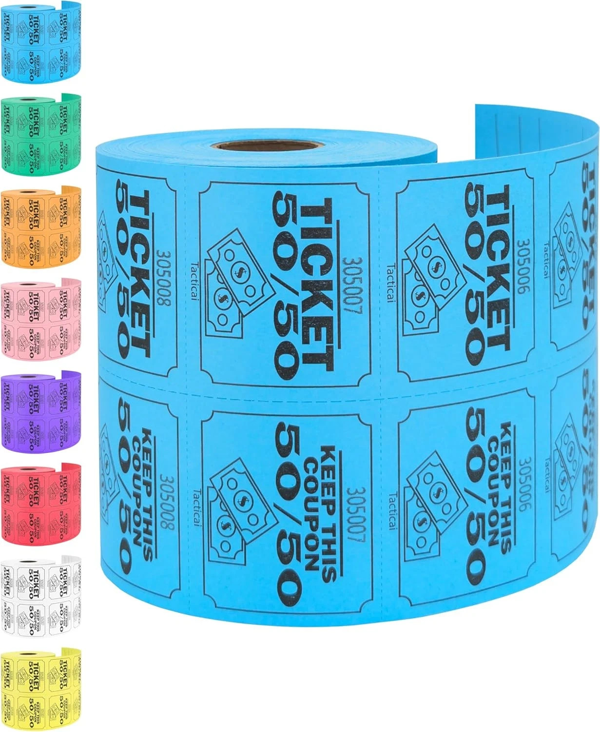 500 Raffle Tickets, 50/50, Blue (1 of 8 Colors), Double Roll, Large Ticket for E