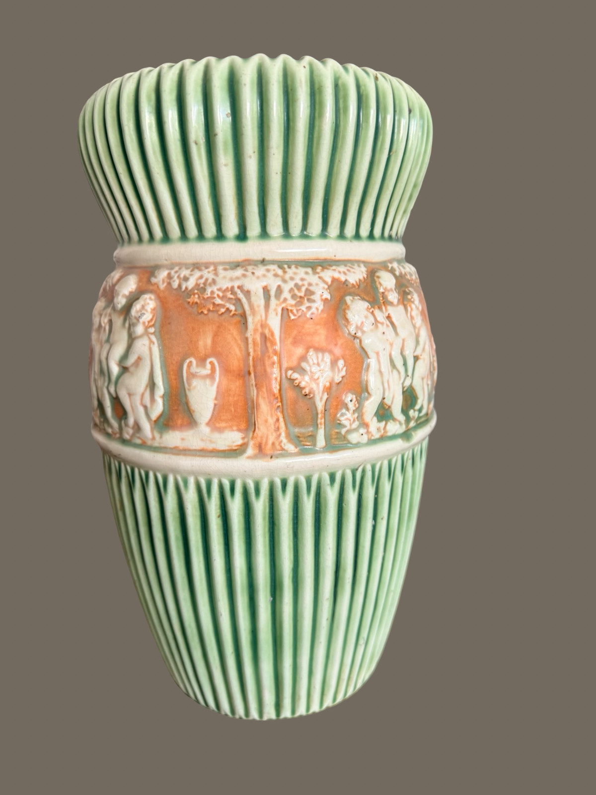 Large Antique Roseville Donatello Tall Vase Cherub Art Pottery Green 1916