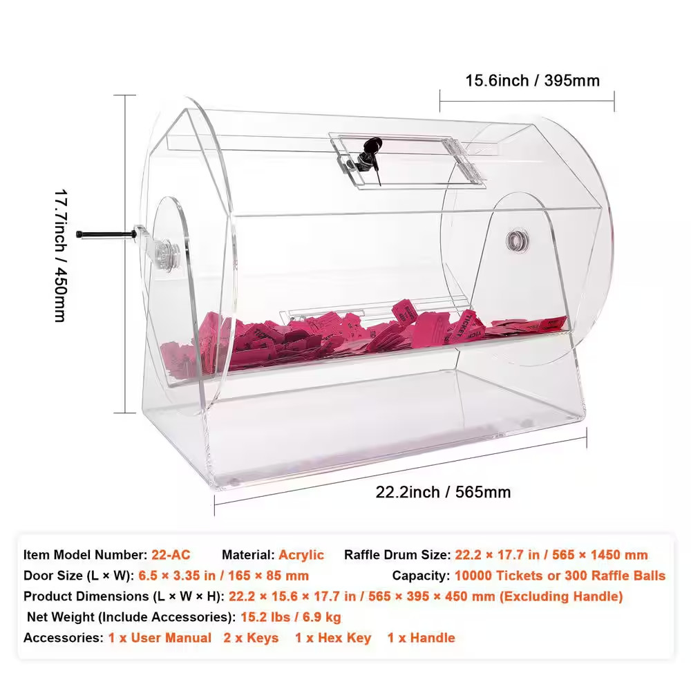 Acrylic Raffle Drum, Professional Raffle Ticket Spinning Cage with 2-Keys, Holds