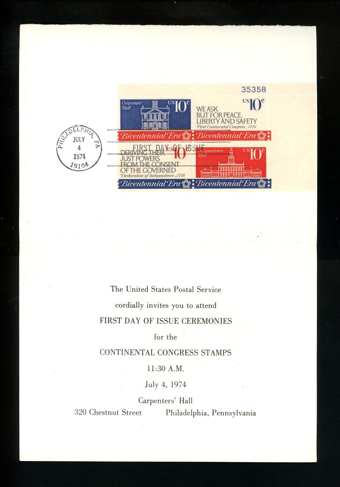 US FDC #1543-1546 USPS Invite Card 1974 Philadelphia PA Continental Congress