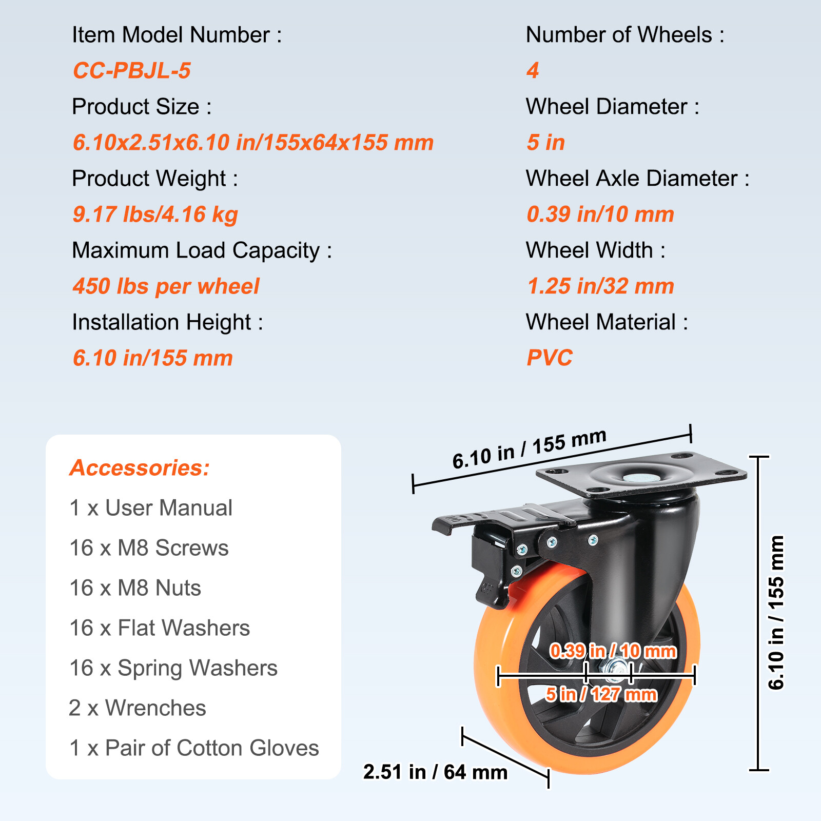VEVOR Caster Wheels Swivel Plate Casters 4 Pack 5" Heavy Duty with Locking Brake