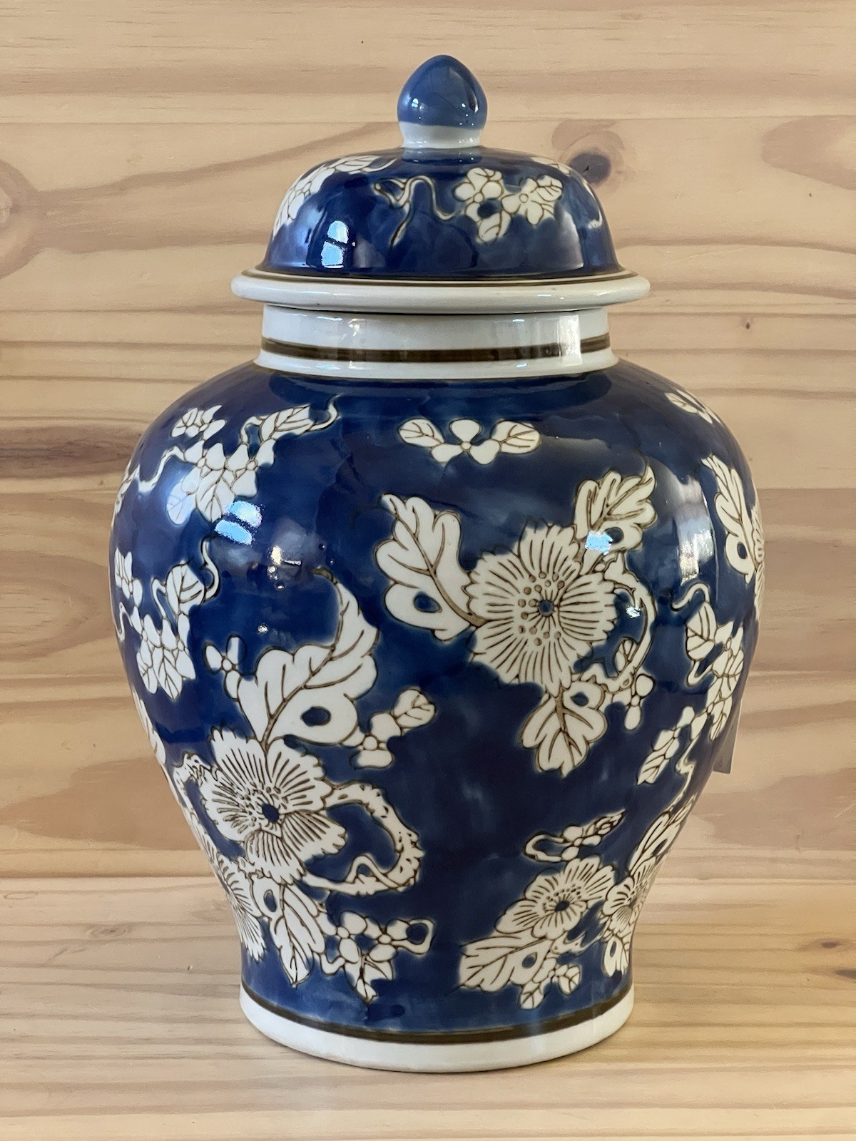 Galt International Blue and White Floral Chinoiserie Ginger Jar 12" w/Lid NEW