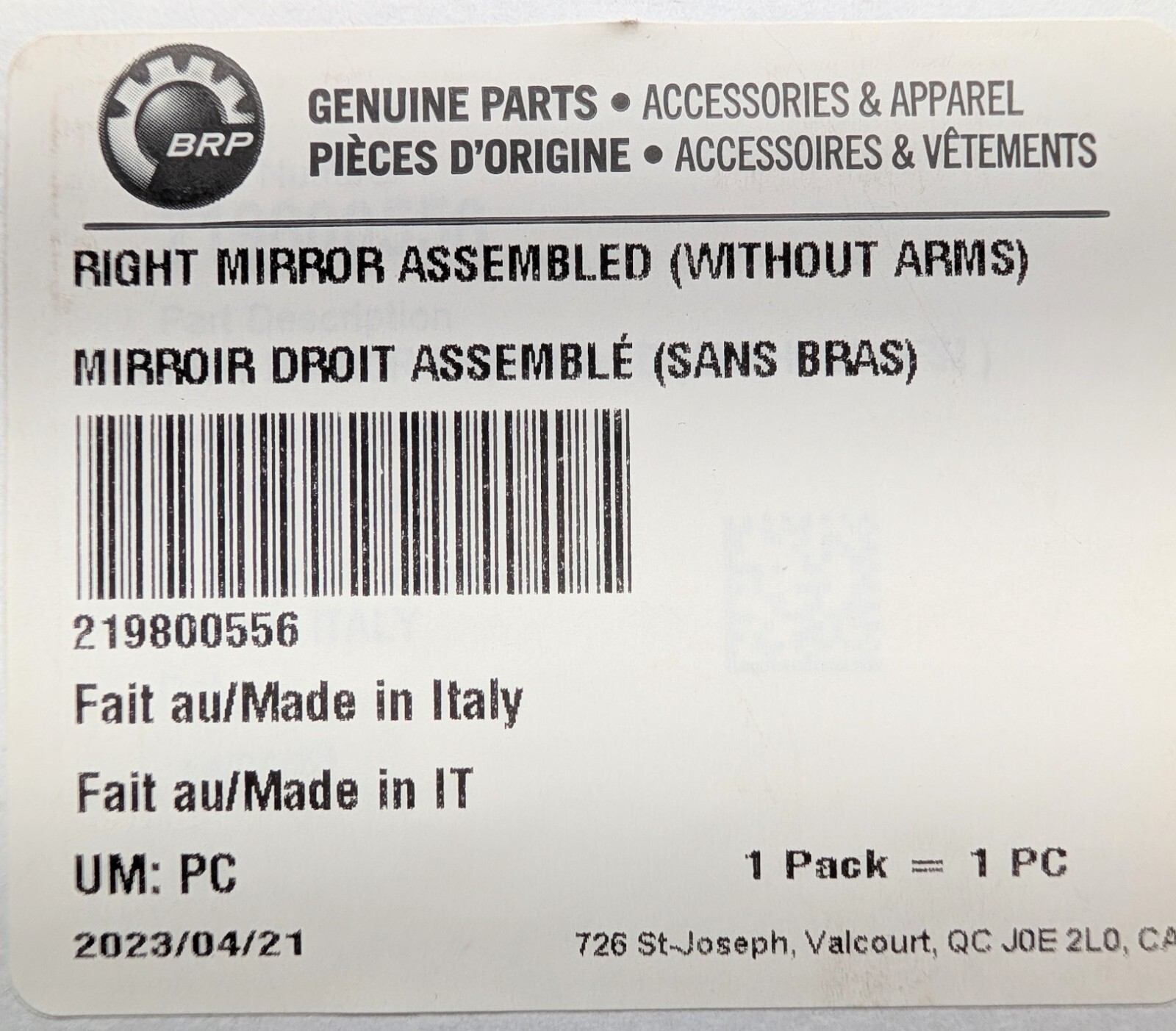 Can-Am 2019-2024 OEM Right Hand Mirror Assembled (Without Arms) Part # 219800556