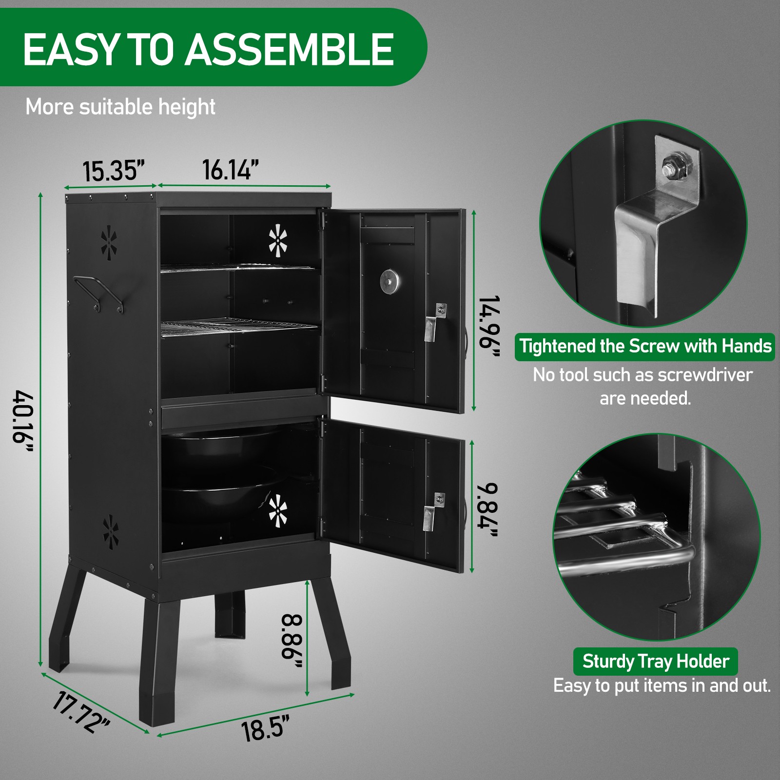 Vertical Charcoal Smoker Barbecue with Double Door Thermometer Garden Camping