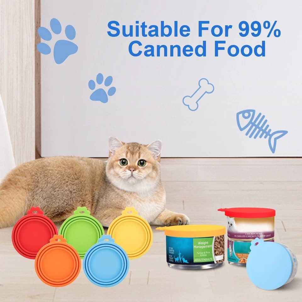 5x Pet Food Can Covers Universal Can Lids Safe Silicone Dog Cat Food With Spoons