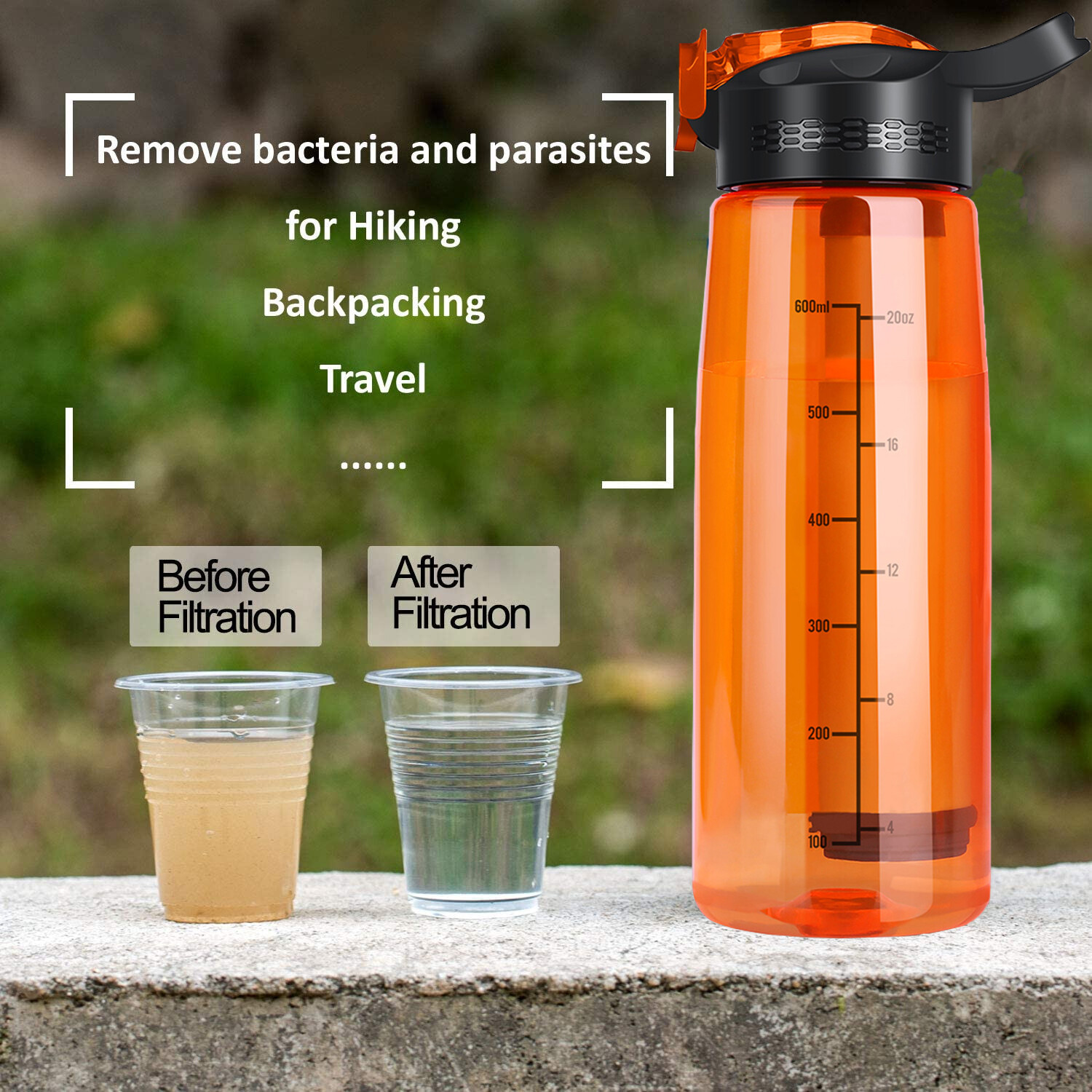 Sports Water Filter Bottle,650mL,Replaceable 4Stage Filter,LeakProof,Camping,1-4