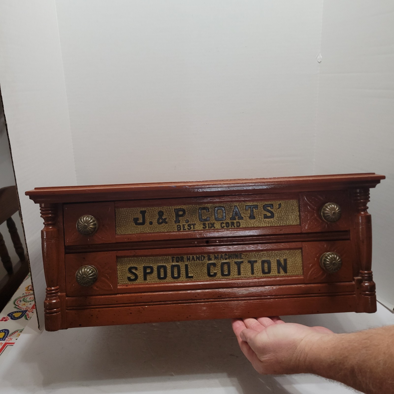 Antique J & P Coats 2 Draw Wood Spool Cotton Cabinet Counter Top Store Display