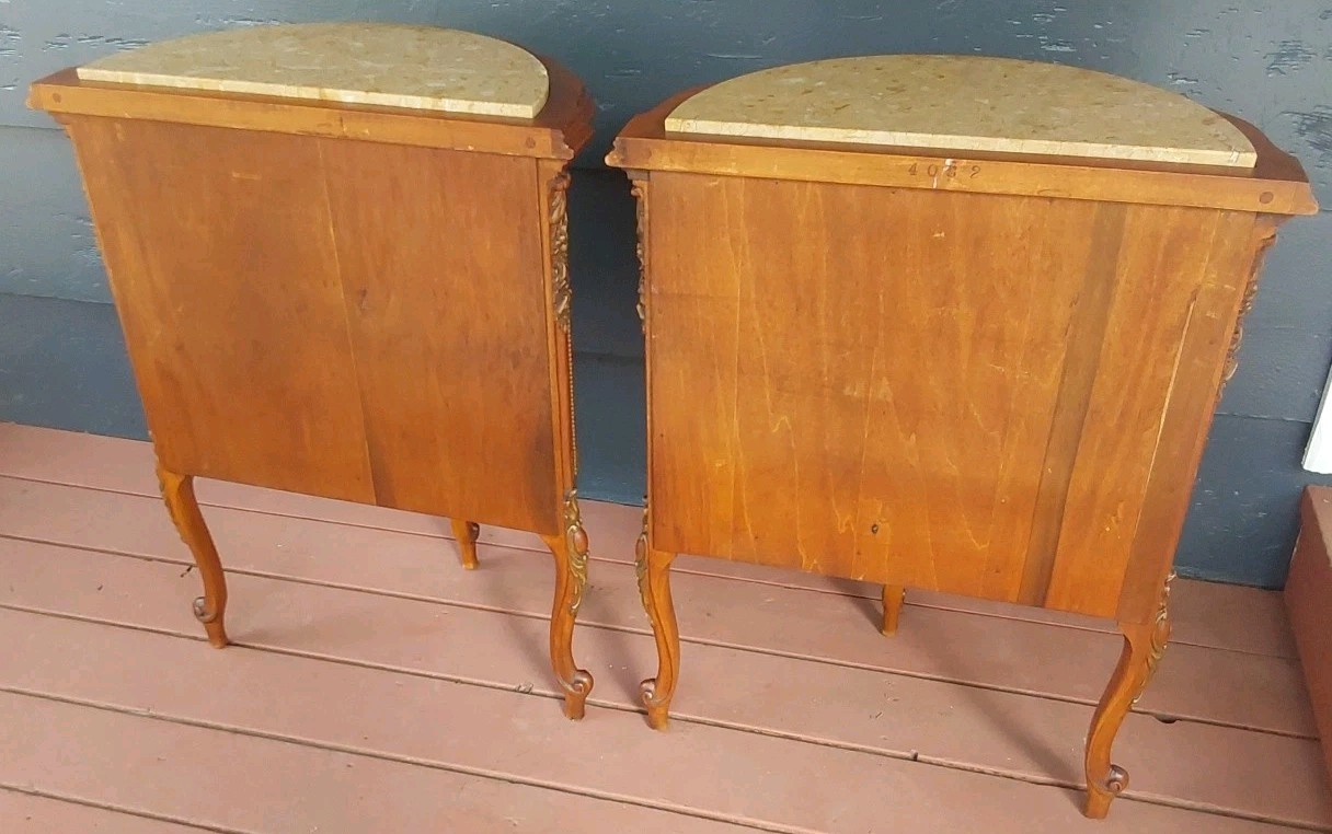 Vintage French Demilune Inlayed Wood End Tables w/Marble Tops 30 Tall X 23" Wide