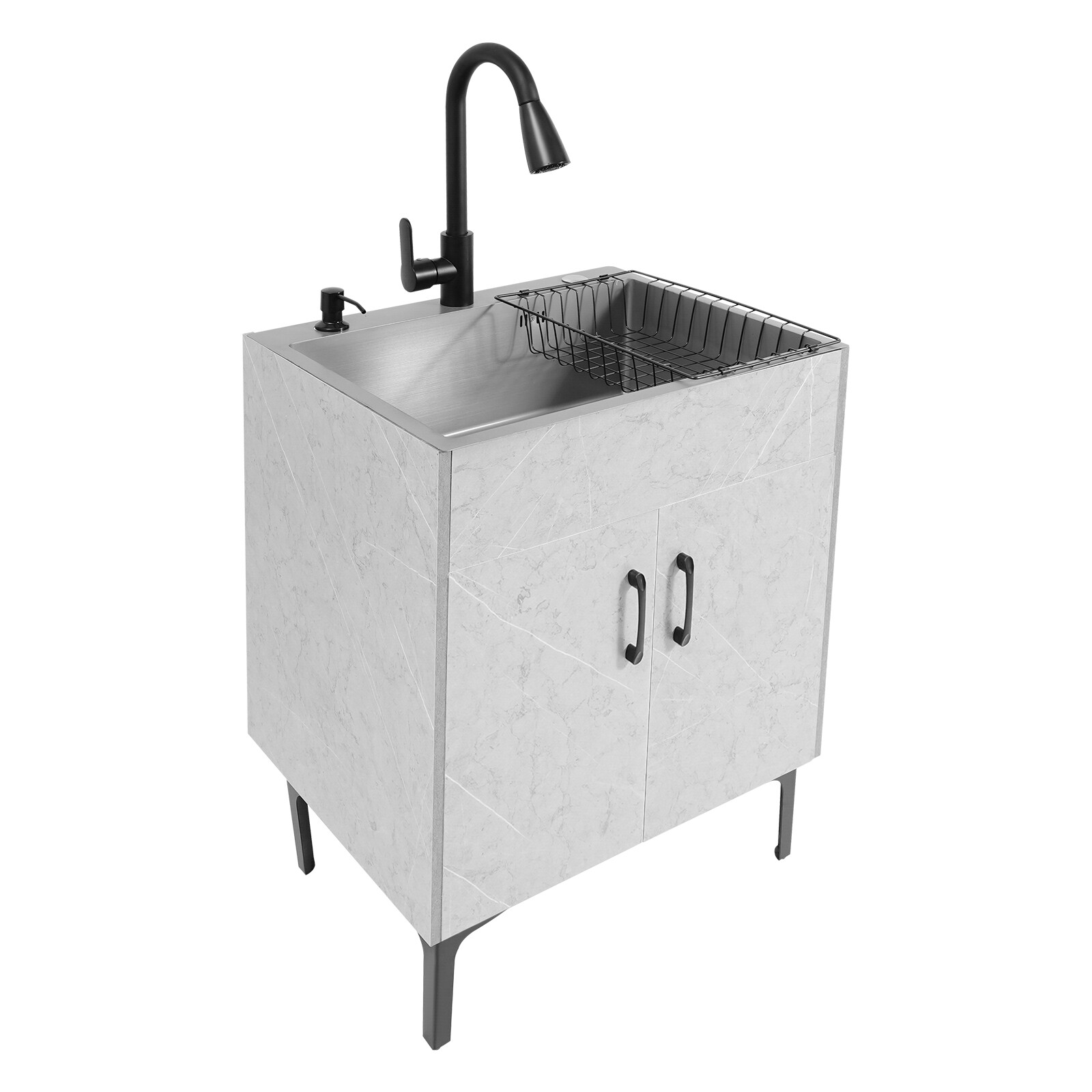 Gray Laundry Stainless Steel Sink with Cabinet + PDraining Basket+Faucet