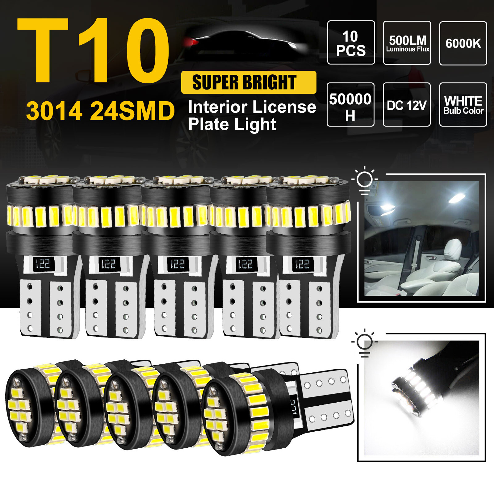 10PCS T10 194 168 24SMD LED Interior Light Bulbs Super Bright Canbus Xenon White