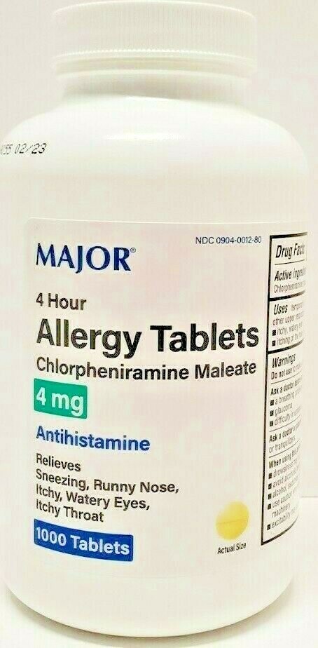 Major Chlorpheniramine 4mg Allergy Tablets 1000ct -Expiration Date 03-2028