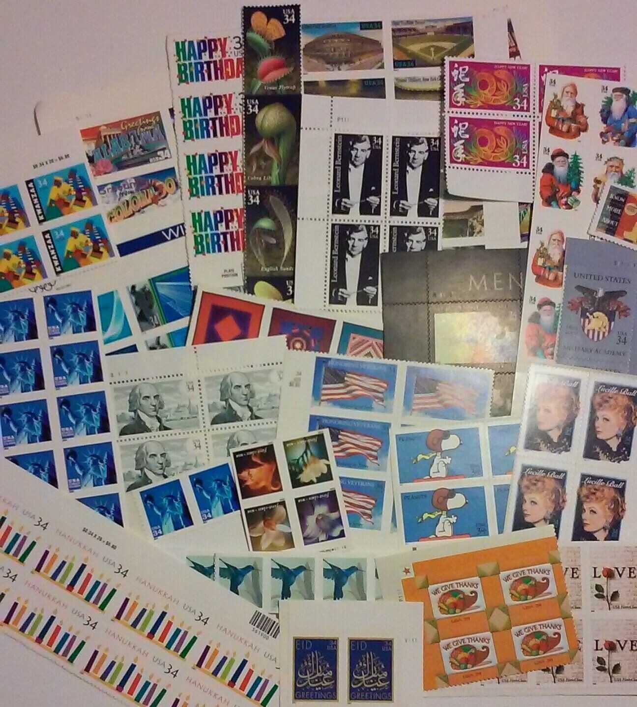 Unused 100 of Multiples & Strips & Singles of 34¢ US Postage Stamps. FV $34.00