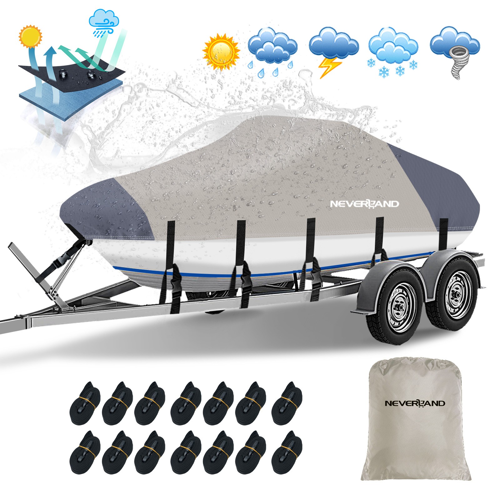 Heavy Duty Waterproof Boat Cover 17ft 18ft 19ft Fits V-Hull Fishing Ski Runabout