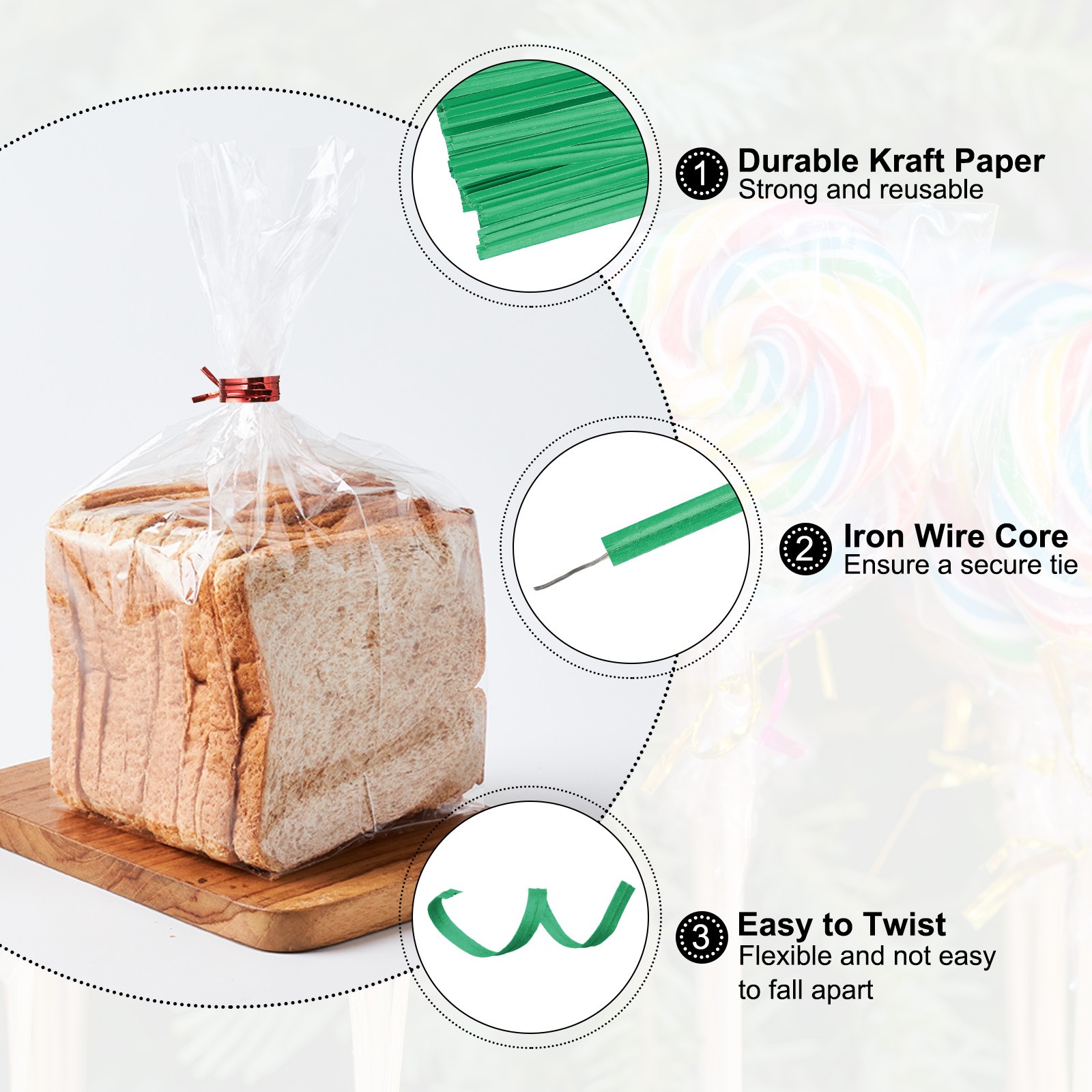 1000pcs Bag Twist Ties 3.5" Reusable Kraft Paper Twist Tie Green