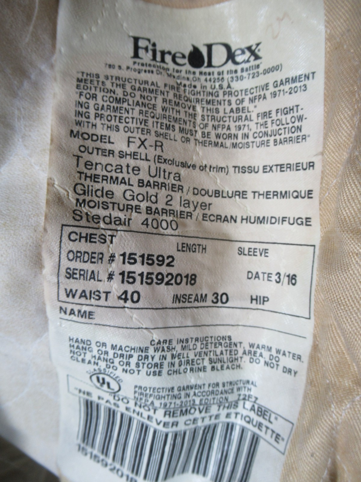 MFG 2016 FIRE DEX FXR 40 x 30 PANTS Firefighter Turnout Bunker TOW GEAR EMS