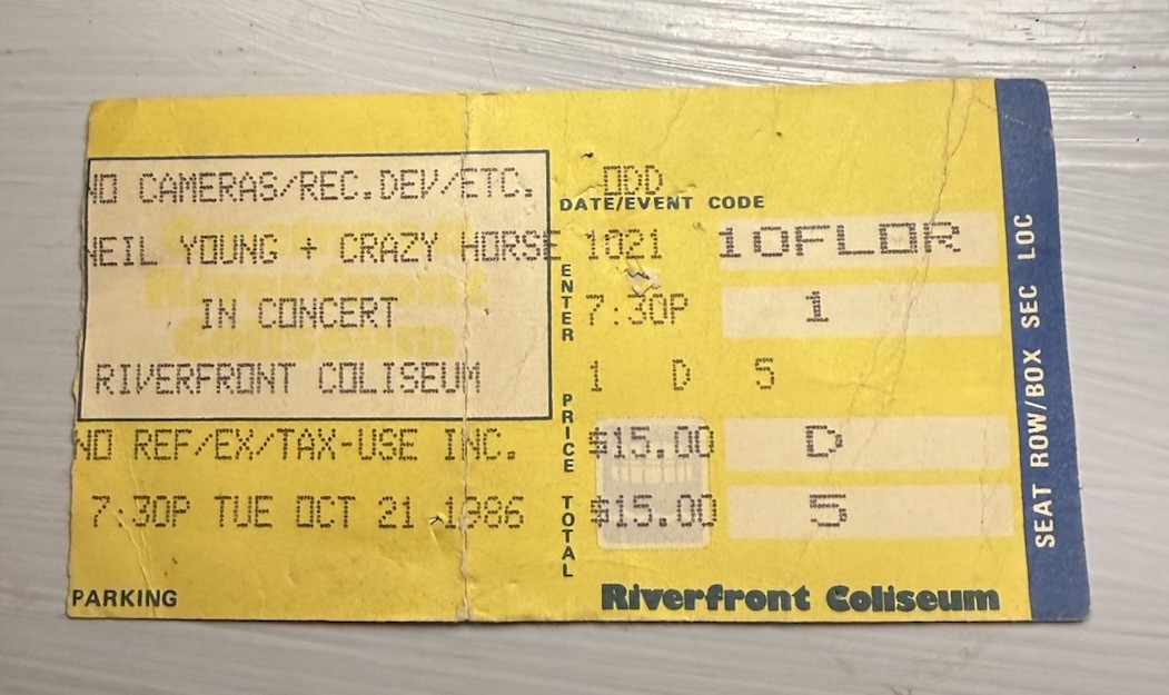 NEIL YOUNG RARE CONCERT TICKET STUB CINCINNATI, OH 10/21/1986