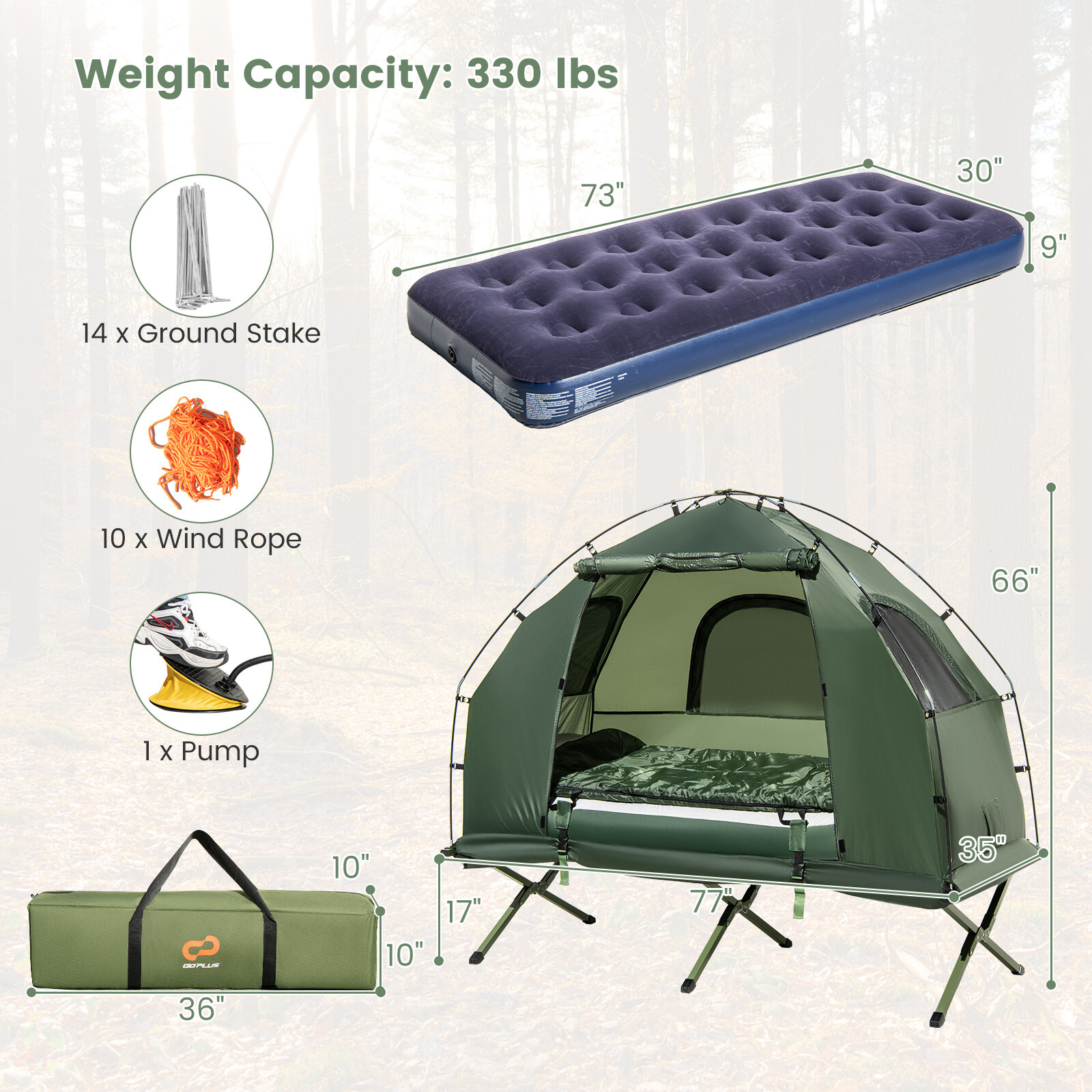 1-Person Waterproof Camping Tent Cot with Air Mattress, Pillow, Sleeping Bag