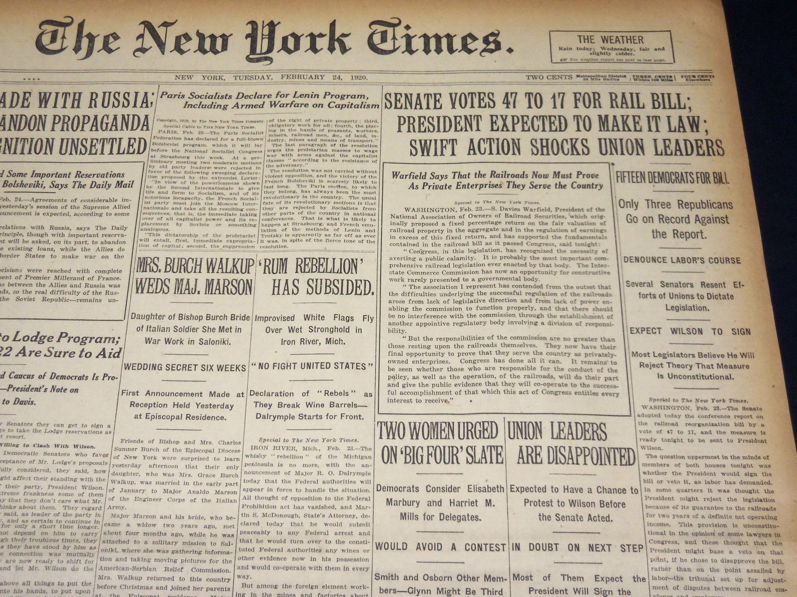 1920 FEBRUARY 24 NEW YORK TIMES - SENATE VOTES 47 TO 17 FOR RAIL BILL - NT 7879