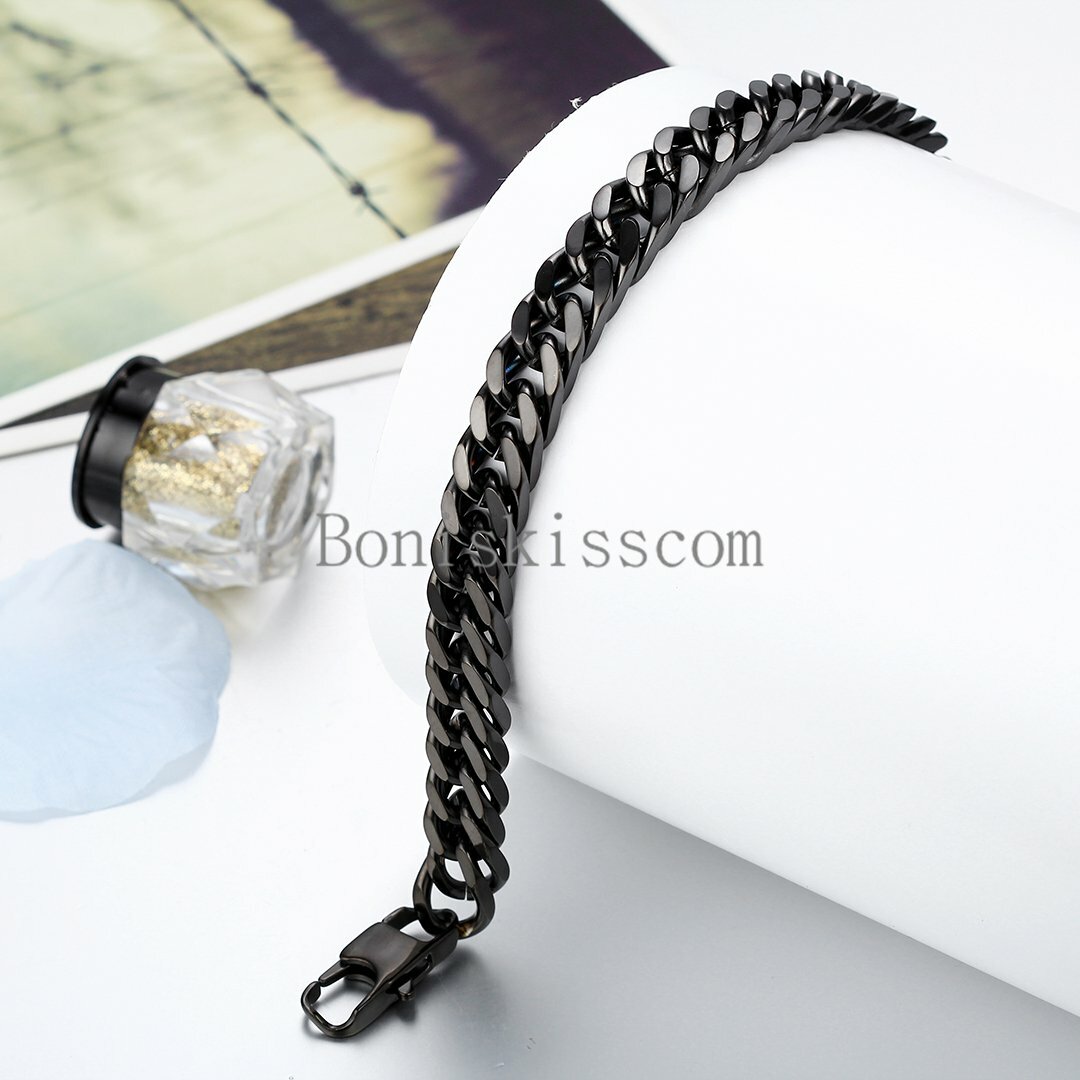 Durable Black Stainless Steel 10mm Heavy Wide Mens Curb Link Chain Bracelet 8"