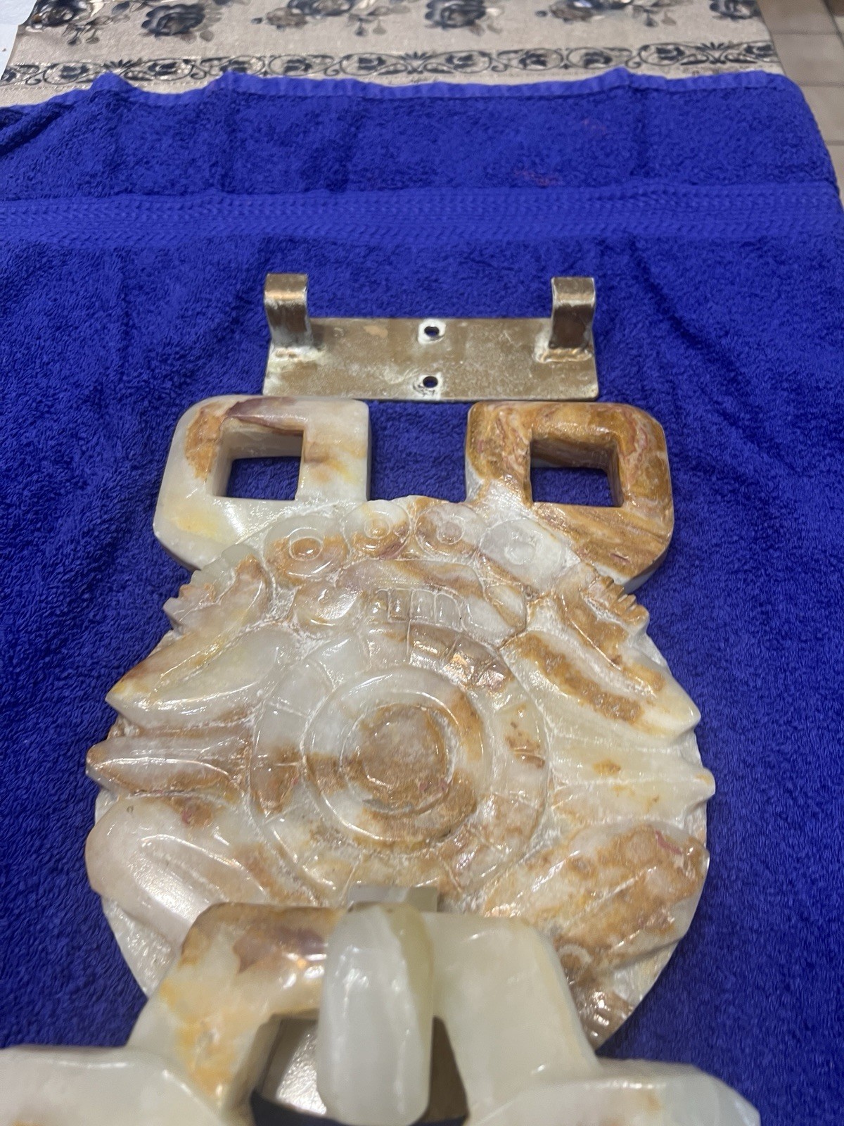 Aztec Mayan Marble/Onyx Large Stone Hand Carved Wall Hanging 33” Long W/bracket