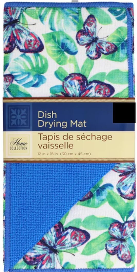 Microfiber Dish Drying Mat (12"x18") BUTTERFLIES & TROPICAL LEAVES, blue back,GR