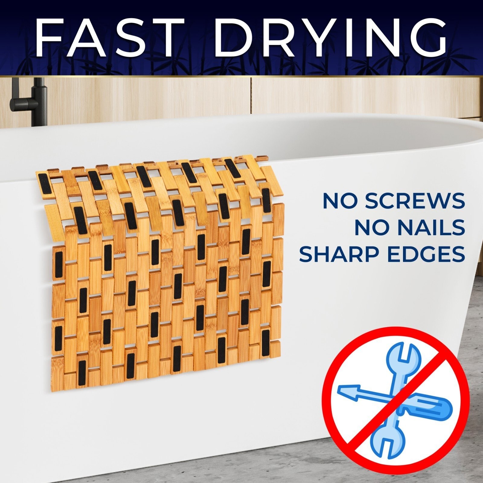 SereneLife Bamboo Floor Bath & Shower Mat with Extra Non-Slip Grips (Natural)