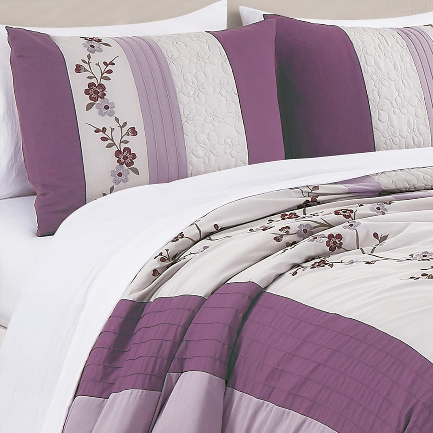 Chezmoi Collection 7-Piece Bed in a Bag Cherry Blossom Embroidery Comforter Set