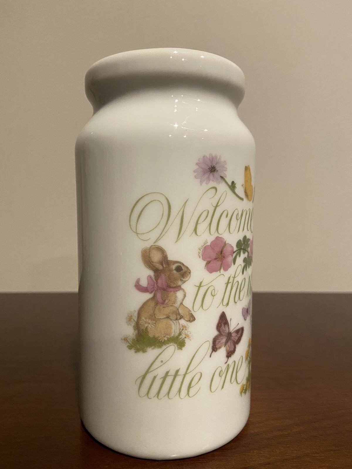 Vintage [1983] Porcelain Baby Powder Shaker ~ "Welcome to the World Little One"
