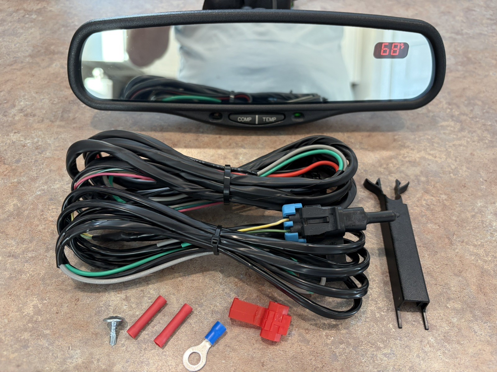 Gentex 177 Auto Dimming Mirror Kit w/ Compass Temp Red Display Wiring & Cover