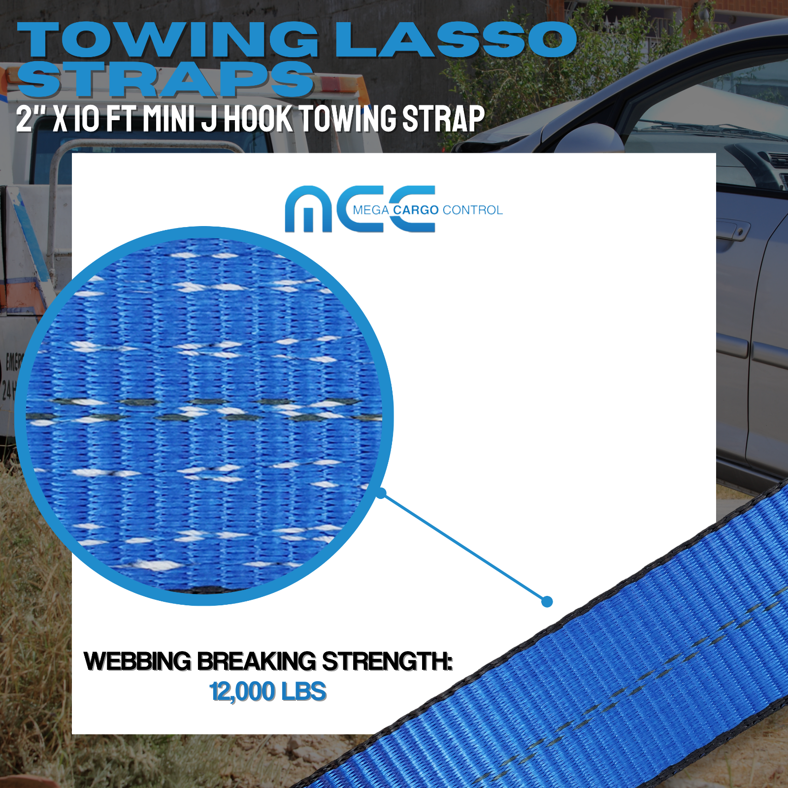 Heavy Duty G70 2" x 10' Mini J Hook Towing Trailer Wrecker Lasso Tie Down Strap