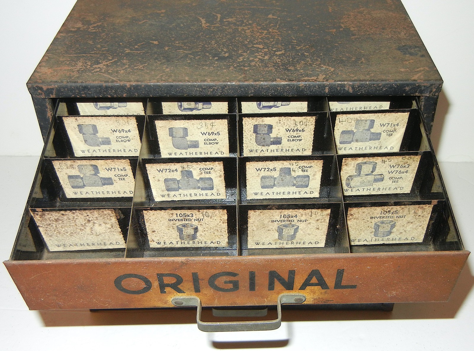 VINTAGE ORIGINAL WEATHERHEAD FITTINGS EQUIPMENT INVENTORY 4 DRAWER CABINET
