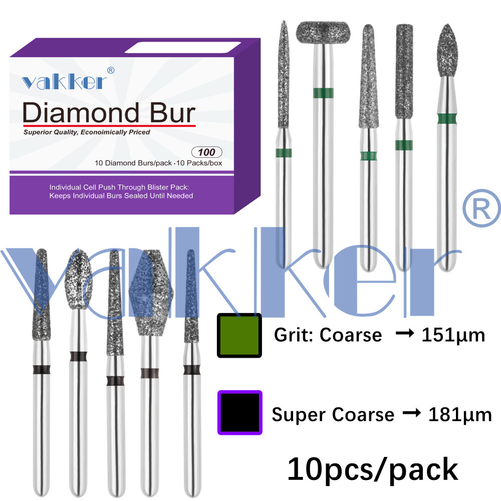 Vakker 10pc Dental Diamond Burs Friction Grip Super Coarse, Coarse Handpiece Bur