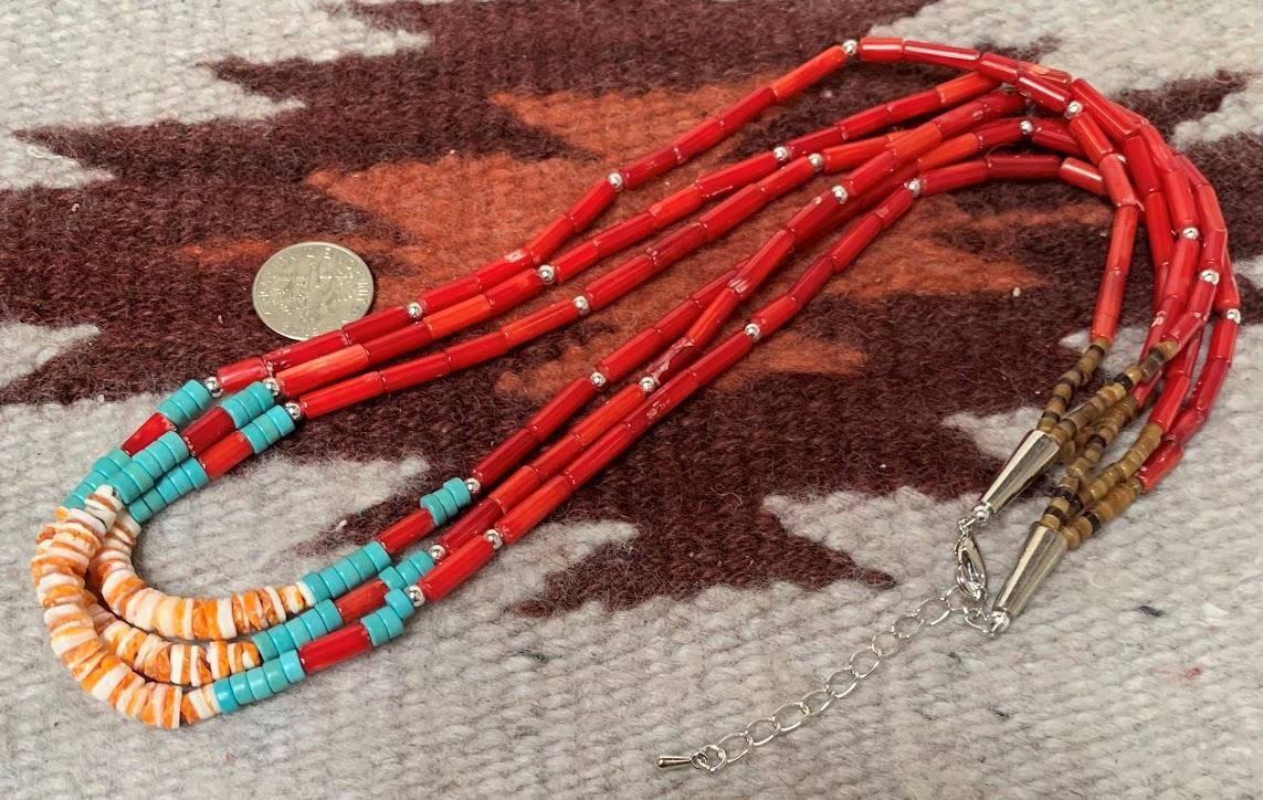 Ethnic tri-strands coral/spiny oyster shell necklace (w174h-w2)