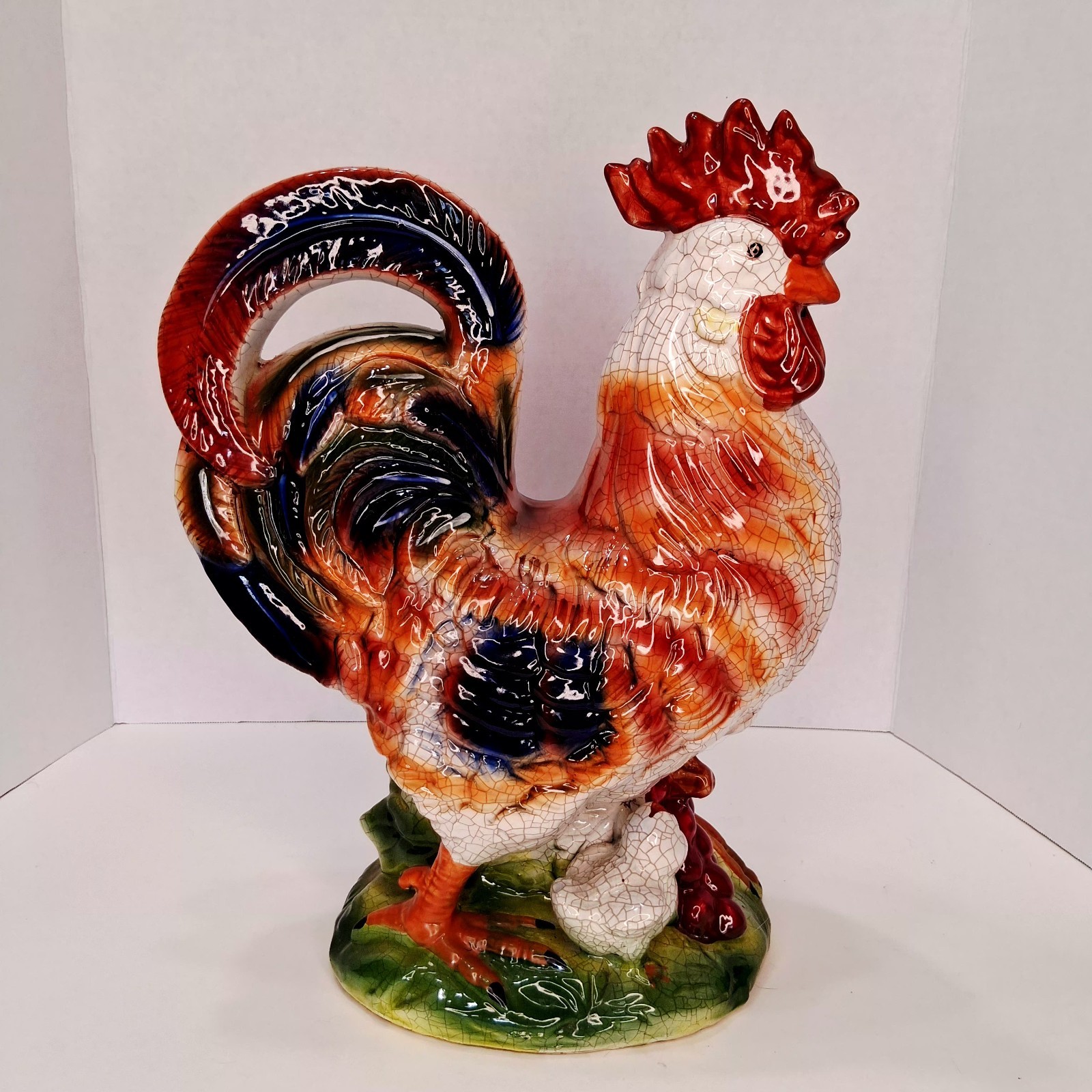Vtg Italian Ceramic Rooster w/2 Chicks Large Handpainted