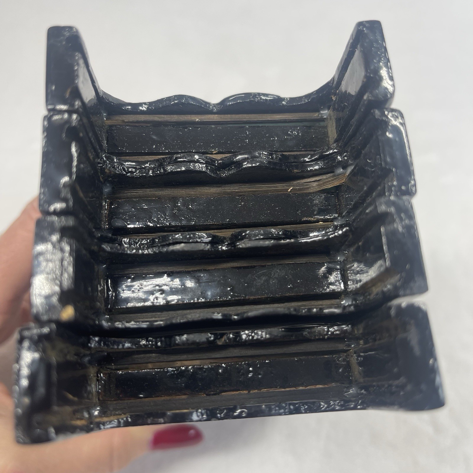 Vintage Chinese Cork Diorama Folding Screen Double Glass Lacquer Wood 4 Panel