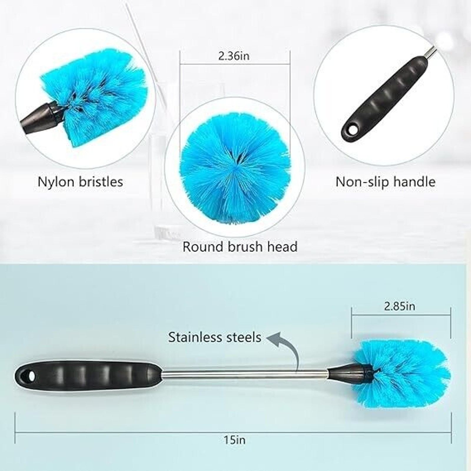 3-in-1 Stainless Steel Long Handle Water Bottle Brush Set - Blue, New Cleaning