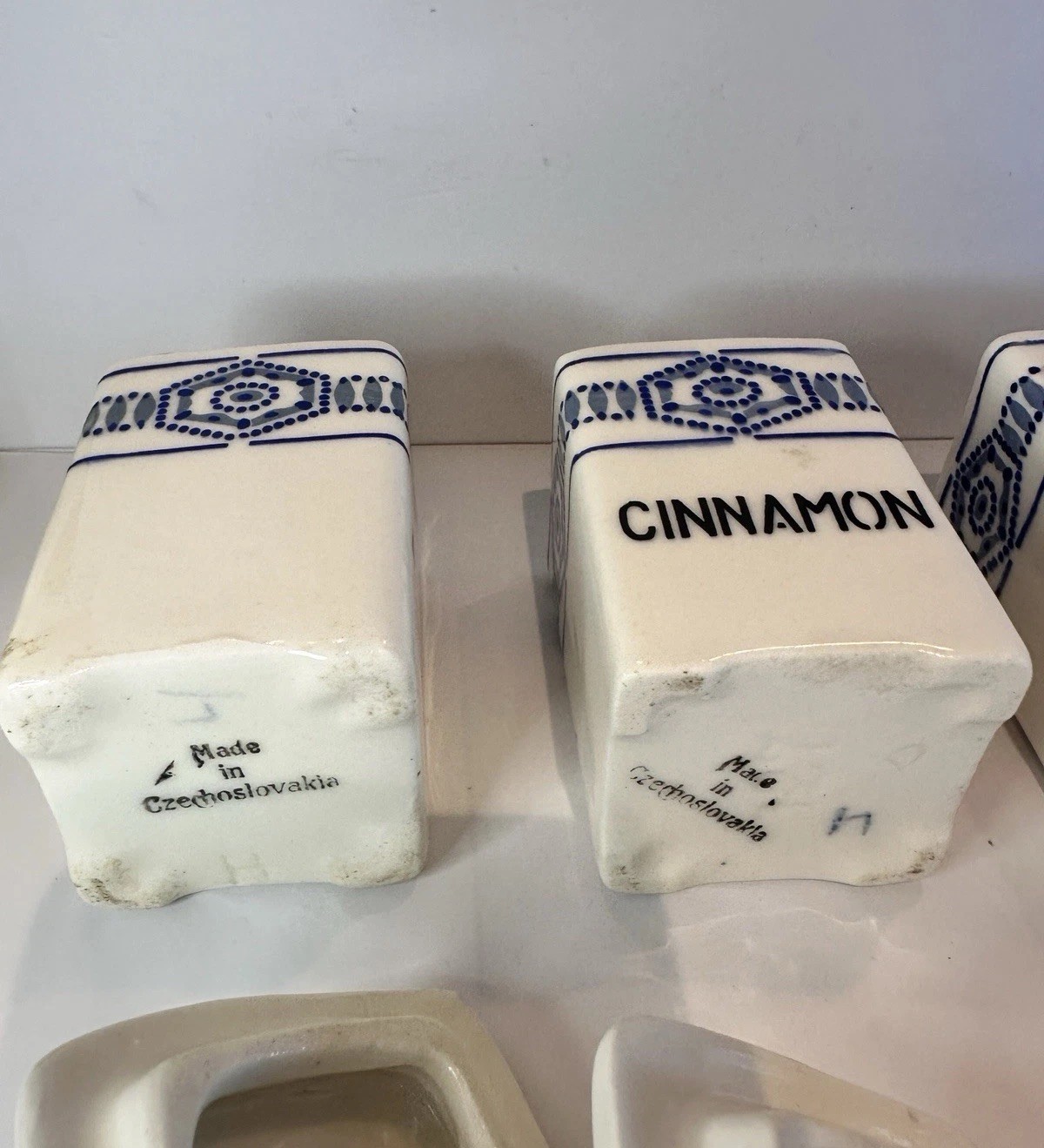 4 Blue and white Czechoslovakian spice canisters vintage