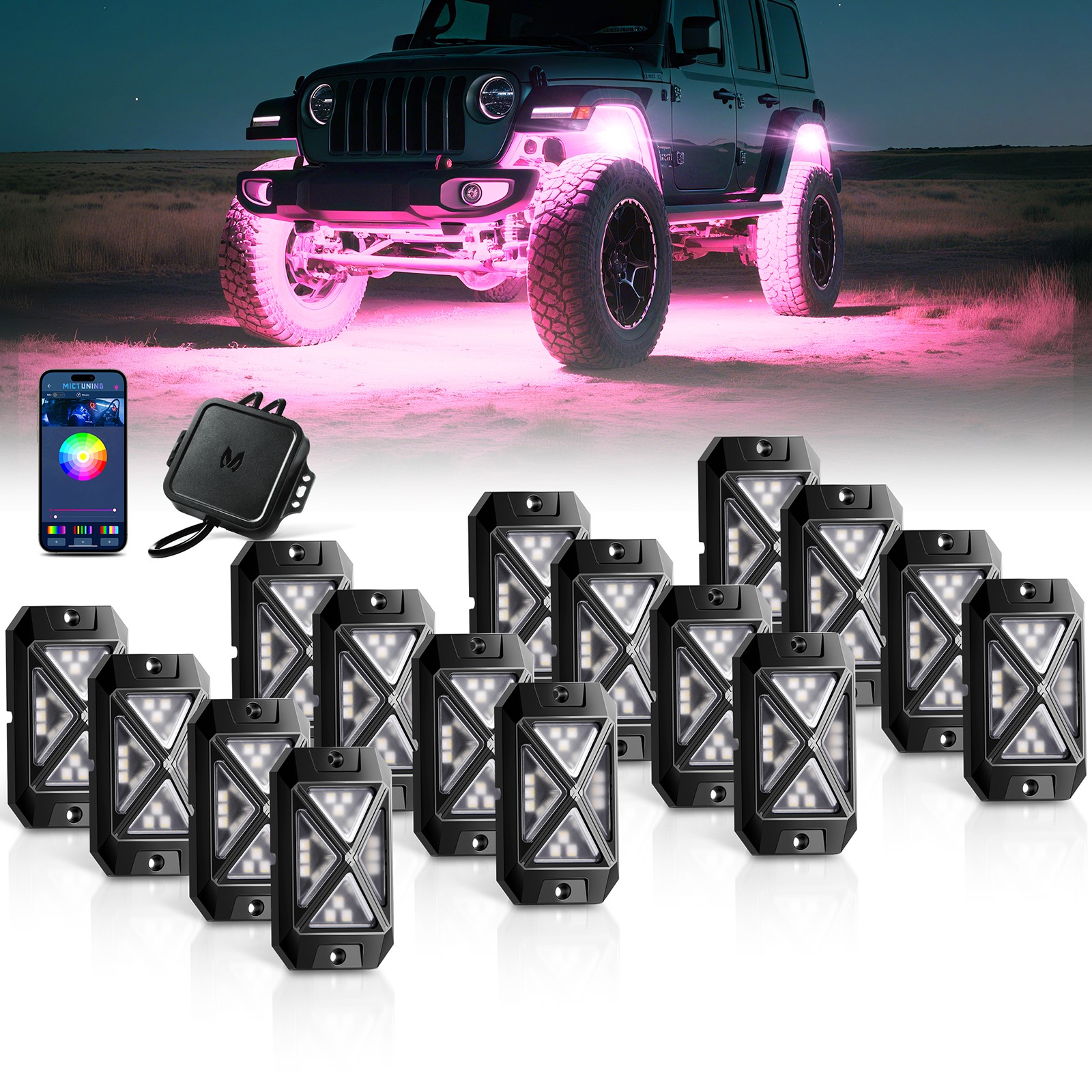 C4 16 Pods RGBW LED Rock Lights - 360º Bright Underglow Neon Accent Lighting Kit