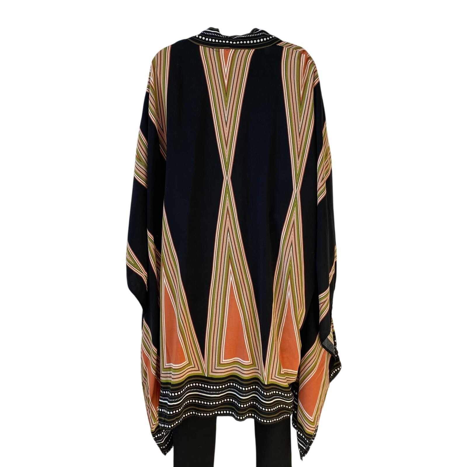 Boho Southwest Kimono Wrap Cardigan Women Size L Black Tan Geometric Gypsy Goth