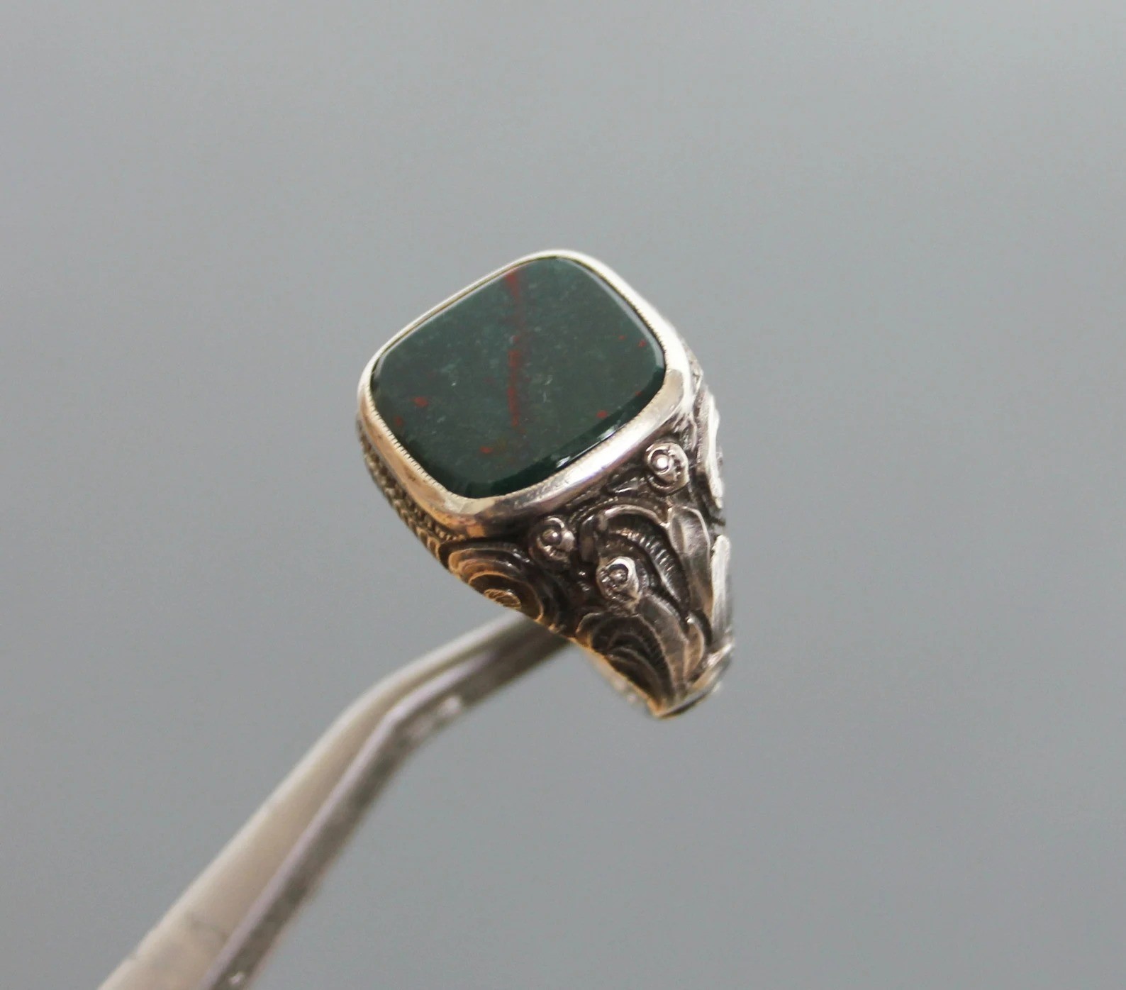 Men’s Bloodstone Ring Sterling Silver Square Signet Vintage Gemstone Jewelry
